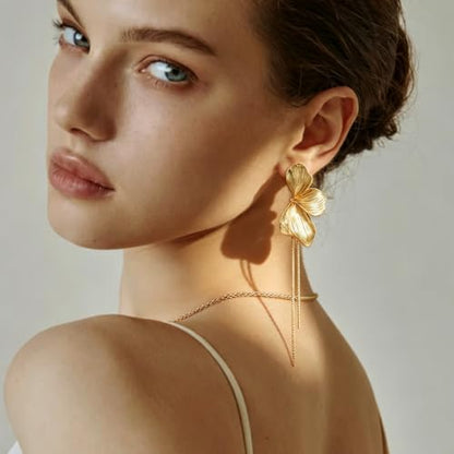 OGD Chunky Gold Statement Earrings For Women Trendy Gold Plated Sectored Flower Leaf Angel Wing Earrings Large Stud Jewlery Hypoallergenic - color: Flower Tassel-Gold