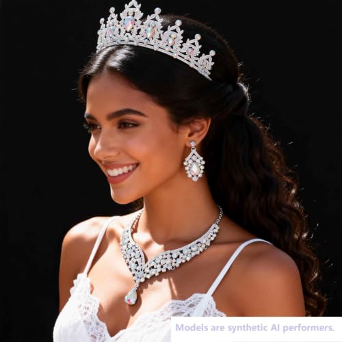 Kamirola Bridal Wedding Tiara Crown Jewelry Set for Women/Brides/Bridesmaids Crystal Jewelry Set for Wedding Prom Party Bridal Crystal Necklace Earrings Bracelet Set(TR60) - color: Silver AB
