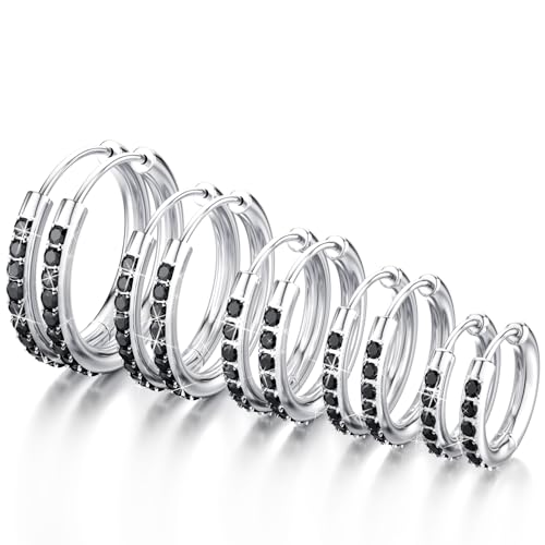 5 Pairs Huggie Hoop Earrings, Cubic Zirconia 14K Gold-Plated 316L Surgical Steel, Hypoallergenic Lightweight Design for Women & Men Cartilage & Multi-Piercing Stacking(13-21mm) - color: C+silvery+black
