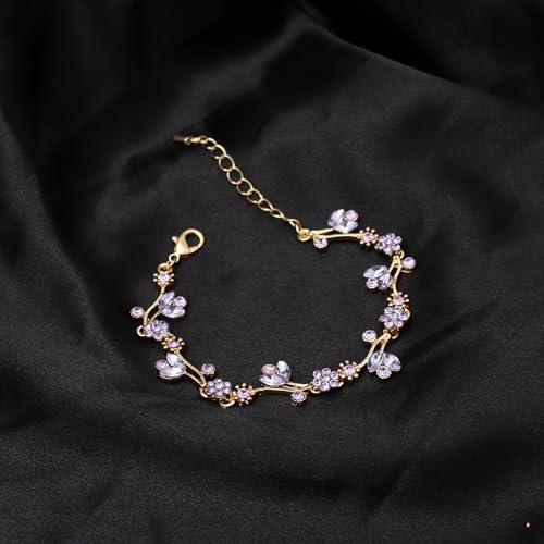 Elegant Brides Austrian Crystal Flower Choker Necklace Drop Dangle Earring Bracelet Wedding Jewelry Set for Bridesmaid Prom Costume Jewelry Set for Women - color: Violet-Gold Plated