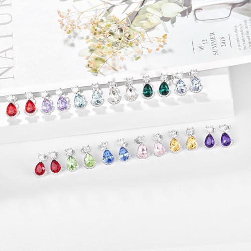Birthstone Teardrop Crystal Stud Earrings for Women 925 Sterling Silver Solitaire Studs Halo Earrings for Birthday Gifts Teardrop Earrings for women - style: B February