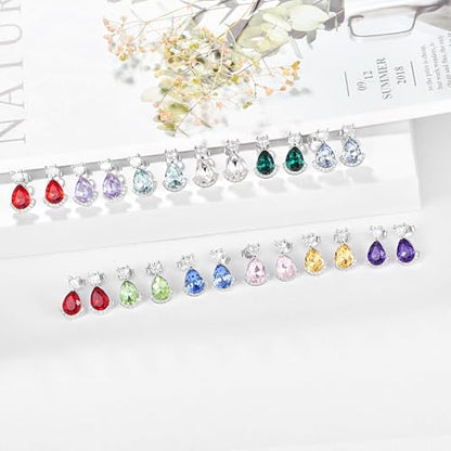 Birthstone Teardrop Crystal Stud Earrings for Women 925 Sterling Silver Solitaire Studs Halo Earrings for Birthday Gifts Teardrop Earrings for women - style: B February