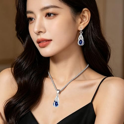 Crystal Jewelry AlloyTeardrop Pendant Necklace Drop Earrings Set Elegant Sapphire Color Jewelry for Women - color: Blue