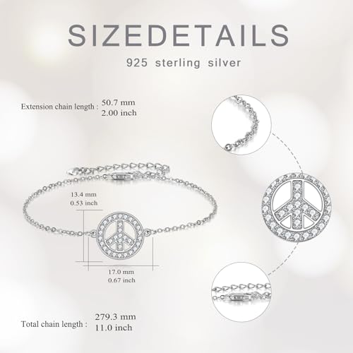 925 Sterling Silver Anklet Foot Bracelet with Crystal from Austria, Anklet Jewelry Gifts for Women 11 Inch Adjustable - style: Peace Sign