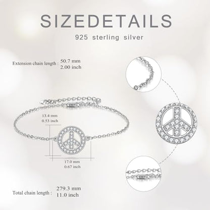 925 Sterling Silver Anklet Foot Bracelet with Crystal from Austria, Anklet Jewelry Gifts for Women 11 Inch Adjustable - style: Peace Sign