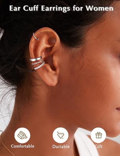 4Pairs 14K Gold Plated Ear Cuff Earrings for Women Non Piercing Jewelry | Hypoallergenic Earring Cuff for Sensitive Ears 14K Gold Silver Plated Non Tarnish Clip On Cartilage Fake Earring Set Trendy - color: Silver Plated Tone