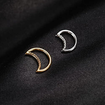 Moon Shape Septum Clicker Ring Daith Piercing Jewelry - Stainless Steel Silver Rook Earrings Hinged Segment Clicker Nose Rings Hoop for Conch Helix Cartilage Tragus 8mm