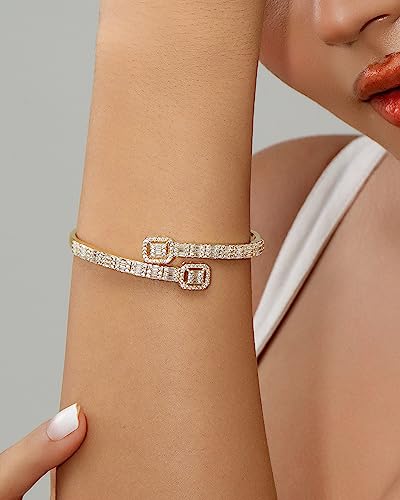 LuxeFlex Iced Out Diamond-Studded Butterfly Cuff Bracelet for Women, Men, and Teen Girls - 14K Gold Plated Bangle with Baguette CZ Stones, Perfect Birthday or Graduation Jewelry Gift for Best Friends - color: Square/Gold