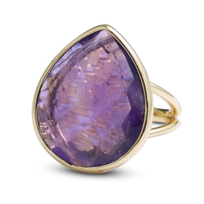 Crystal Ring for Women, Natural Rose Quartz Green Fluorite Ring for Her, Teardrop Shape Gemstone Ring, Handmade rose quartz Jewelry Adjustable Ring. - color: Amethyst