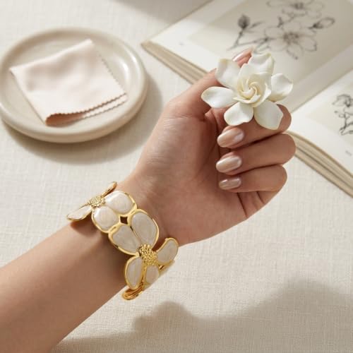 18K Gold Plated White Enamel Cuff Bracelet for Women - color: flower1