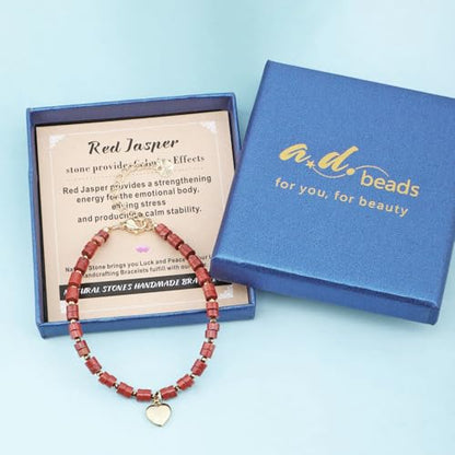 Natural Gemstone Healing Crystal Dainty Charms Bracelet Adjustable Chain Extender Minimalist Jewelry - color: Red Jasper + Heart