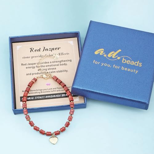 Natural Gemstone Healing Crystal Dainty Charms Bracelet Adjustable Chain Extender Minimalist Jewelry - color: Red Jasper + Heart