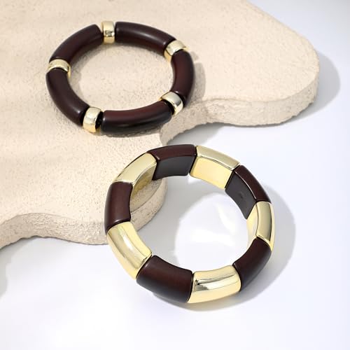 GOOJIDS Simple Beaded Gold Plated Bangles Bracelet Chunky Bamboo Tube Curved Stacking Clear Acrylic Colorful Beads Stretchable Gold Plated Bracelets Set For Women - color: T-Dark Brown 2 set