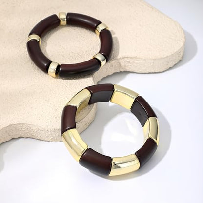 GOOJIDS Simple Beaded Gold Plated Bangles Bracelet Chunky Bamboo Tube Curved Stacking Clear Acrylic Colorful Beads Stretchable Gold Plated Bracelets Set For Women - color: T-Dark Brown 2 set