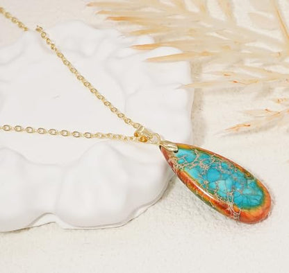 Stone Necklaces for Women Teardrop Gemstone Pendant Necklace Natural Stone Chain Necklaces - color: Orange Gold