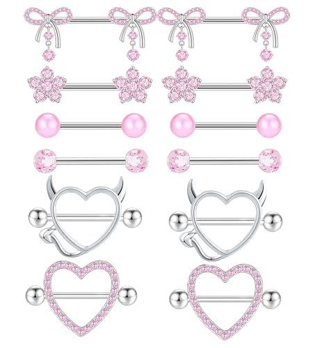 TIANCI FBYJS 6 Pairs 14G Nipple Rings for Women 316L Stainless Steel Heart Bow CZ Flower Barbell Nipple Rings Set Cute Nipplerings Piercing Jewelry - color: pink