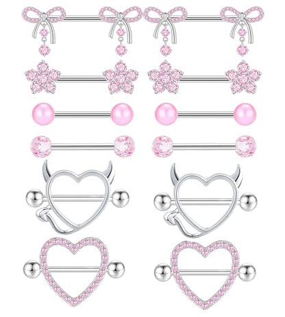 TIANCI FBYJS 6 Pairs 14G Nipple Rings for Women 316L Stainless Steel Heart Bow CZ Flower Barbell Nipple Rings Set Cute Nipplerings Piercing Jewelry - color: pink