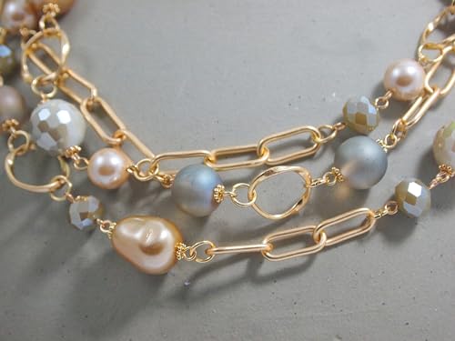 Multi Strand layered Frosted Multi Layer Mother of Pearl Statement Chunky Pastel Pearl Necklace June Birthday Gift - style: gold-filled