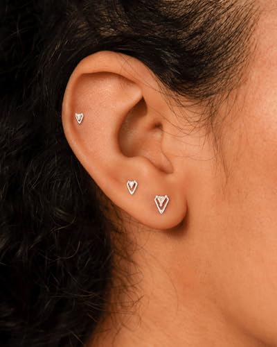 3 Pair Tiny Flat Back Earrings for Women - 14K Gold/White Gold Plated Dainty Cute Small Screw Flatback Stud Earring, Everyday Wear Gift - color: cz triangle silver