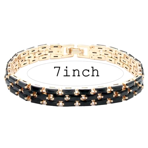 Tennis Bracelet, 13mm Width, Black Cubic Zirconia, Gold Plated Brass, 7 Inch Length, 11 Grams - color: Gold Black