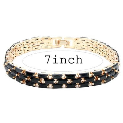 Tennis Bracelet, 13mm Width, Black Cubic Zirconia, Gold Plated Brass, 7 Inch Length, 11 Grams - color: Gold Black