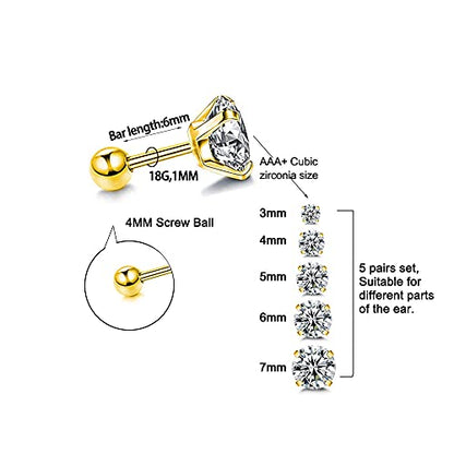 Stud Earrings Set 316L Stainless Steel Hypoallergenic Earrings for Women Men Earrings 3-7mm Cubic Zirconia Earrings Tragus Cartilage Helix Lobel Ear Studs 20G,Pack of 5 Pairs - color: B03:5Pairs(GOLD)