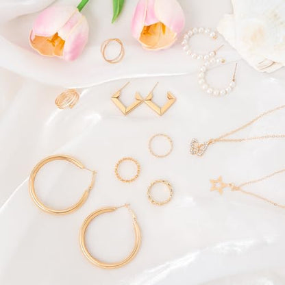 56 Pieces Gold Costumes Accessories Set for Women Layered Necklace Knuckle Rings Dainty Earrings Fashion Costume Jewelry Set for Valentine Anniversary