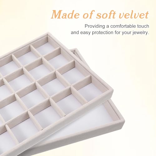2 Pcs 24 Grids Stackable Jewelry Tray Organizer with Removable Dividers, Velvet Jewelry Display Tray for Earrings Necklaces Bracelet Rings Display Showcase - Beige