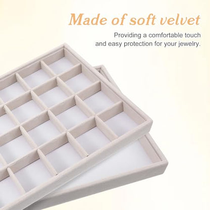 2 Pcs 24 Grids Stackable Jewelry Tray Organizer with Removable Dividers, Velvet Jewelry Display Tray for Earrings Necklaces Bracelet Rings Display Showcase - Beige