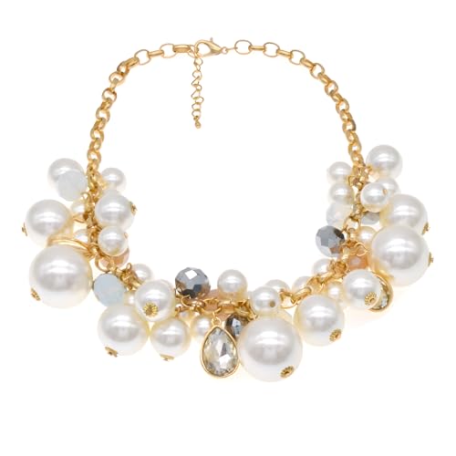utop JNF Hand made Pearl Statement Necklace for Women Rhinestone Multilayer Crystal Necklaces Chunky Pearl Necklace Large Pearl Necklace and Earrings Set for Mother Mom's gift - color: white pearl chain necklace