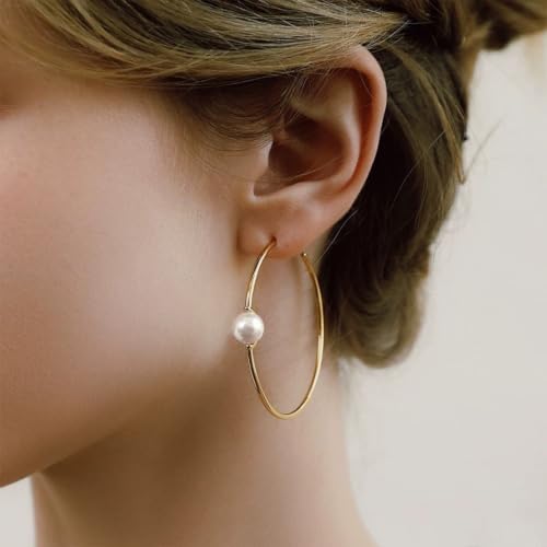 OwMell Large Hoop Earrings for Women 925 Sterling Silver Post 14K Gold Plated Big Hoops Earrings Trendy Pearl Cubic Zirconia Hoop Earrings - color: Pearl Gold Small