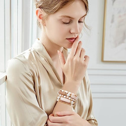 GOOJIDS Simple Beaded Gold Plated Bangles Bracelet Chunky Bamboo Tube Curved Stacking Clear Acrylic Colorful Beads Stretchable Gold Plated Bracelets Set For Women - color: A-A2 Grey Set