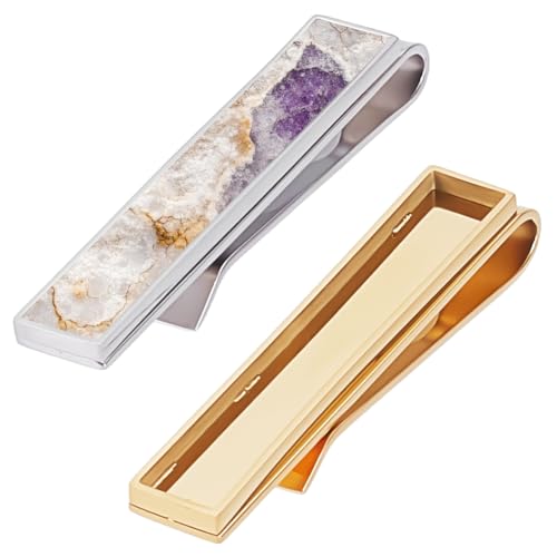 WEBEEDY 2 Pcs Gold/Silver Rectangle Tie Clips Blank Bezel Settings Stainless Steel Classic Tie Bars Bezel Tray Necktie Ties Pins for Wedding Anniversary Business Formal Events Father's Day Gift