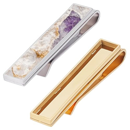 WEBEEDY 2 Pcs Gold/Silver Rectangle Tie Clips Blank Bezel Settings Stainless Steel Classic Tie Bars Bezel Tray Necktie Ties Pins for Wedding Anniversary Business Formal Events Father's Day Gift