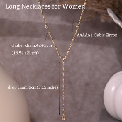 Long Necklaces for Women, Cute 14K Gold Plated CZ Drop Necklace | Dainty Gold Necklace, Simple CZ Teardrop Clover Y Shaped Lariat Necklace,Statement Non Tarnish Necklace, Trendy Gold Jewelry - color: Gold-Drop 4