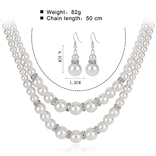 COLORFUL BLING 1920s Classic Faux Pearls Necklace Multi-Layer Strand Bracelet Dangle Earrings Set Beads Accessories Wedding Costume Party Jewelry for Women - color: White 1