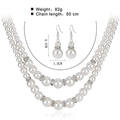COLORFUL BLING 1920s Classic Faux Pearls Necklace Multi-Layer Strand Bracelet Dangle Earrings Set Beads Accessories Wedding Costume Party Jewelry for Women - color: White 1
