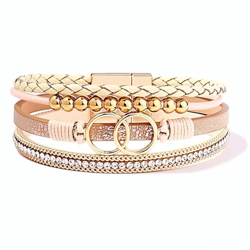 Leather Wrap Bracelets for Women, Boho Leopard Multi-Layer Crystal Beads Cuff Jewelry - color: J-Warp-008