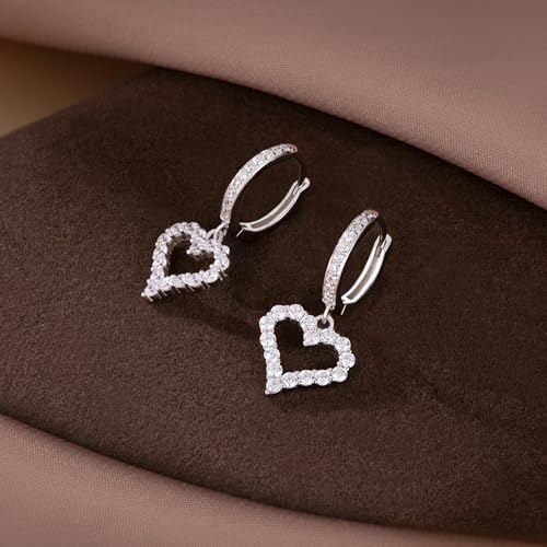 SLUYNZ 925 Sterling Silver CZ Sweet Love Hoop Earrings for Women Teens Hollow Heart Huggie Earrings Drop - color: A-SILVER