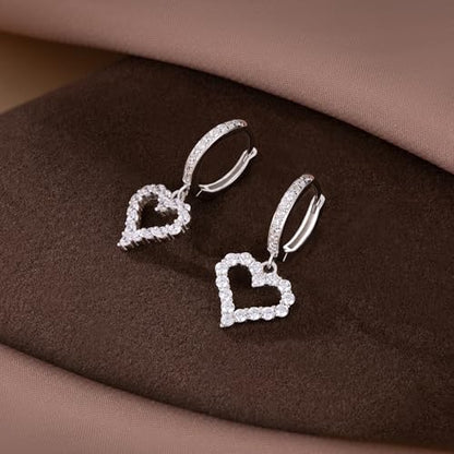 SLUYNZ 925 Sterling Silver CZ Sweet Love Hoop Earrings for Women Teens Hollow Heart Huggie Earrings Drop - color: A-SILVER