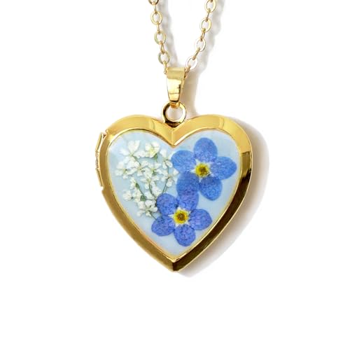 Handmade Heart Shaped Dried Pressed Forget Me Not Flower Photo Locket Pendant Necklace - color: Gold, style: BLUE+BLUE
