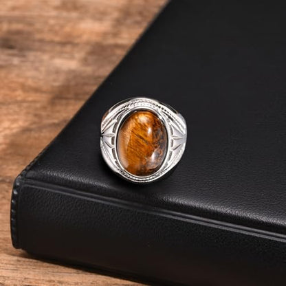 Silver Tiger Eye Stone Oval Signet Ring for Men and Women Stainless Steel Nature Stone Thumb Wedding Engagement Statement Pinky Band Rings Gift for Him, Size 7-13