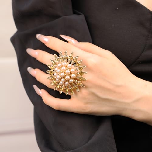 Elegant Big Crystal Ring for Women Gold Stacking Pearl Rhinestone Flower Rings Open Finger Adjustable Crystal Statement Ring Jewelry for Bridal Wedding - color: Crystal 2-gold