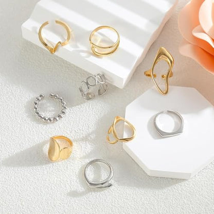 FUTIMELY 9Pcs Chunky Knuckle Ring Set,Vintage Two Tone Dainty Geometric Stackable Midi Rings Set,Charming Hollow Personalized Open Joint Rings for Women