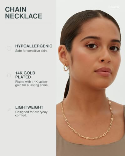 PAVOI Chain Necklace for Women, 14K Gold Plated Adjustable Layering Chain - style: Paperclip-L