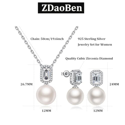 925 Sterling Silver Pearl Jewelry Set for Women, Glossy Simulated Pearl Earrings and Necklace Jewelry Set for Birthday,Wedding,Anniversary Chain 18inch, Jewelry Gift for Women