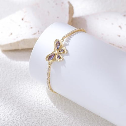 FANZE Gold Plated Cubic Zirconia Tennis Bracelets for Women Dainty Trendy Adjustable Bracelet Jewelry Gift for Ladies Wedding Mother Birthday Anniversary - style: purple Butterfly bracelet