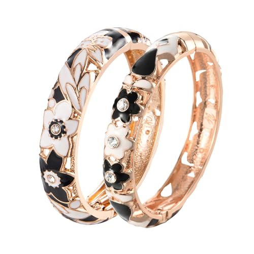 UJOY Handcraft Cloisonne Jewelry Bracelet Colorful Enamel Butterfly Flower Bird Hollowed Spring Hinged Cuff Bangles Women Gifts Pack in Box 88A11 - color: A11-2 Pcs/set-Black
