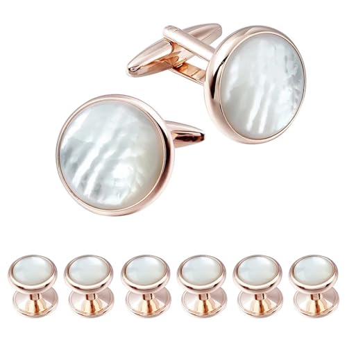 Elegant Mother-of-Pearl Cufflink & Stud Set for Men - Trendy Round Design for Weddings, Parties, and Ceremonies - color: White