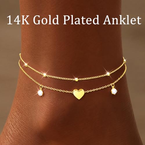 Gold/Sterling Silver Anklet Bracelets for Women Waterproof, Non Tarnish 925 Sterling Sliver Plated Heart Evileye Butterfly Charm, Dainty Summer Beach Anklets for Women, Beach Vacation Bikini Outfits for Her Mom - style: Heart-Gold